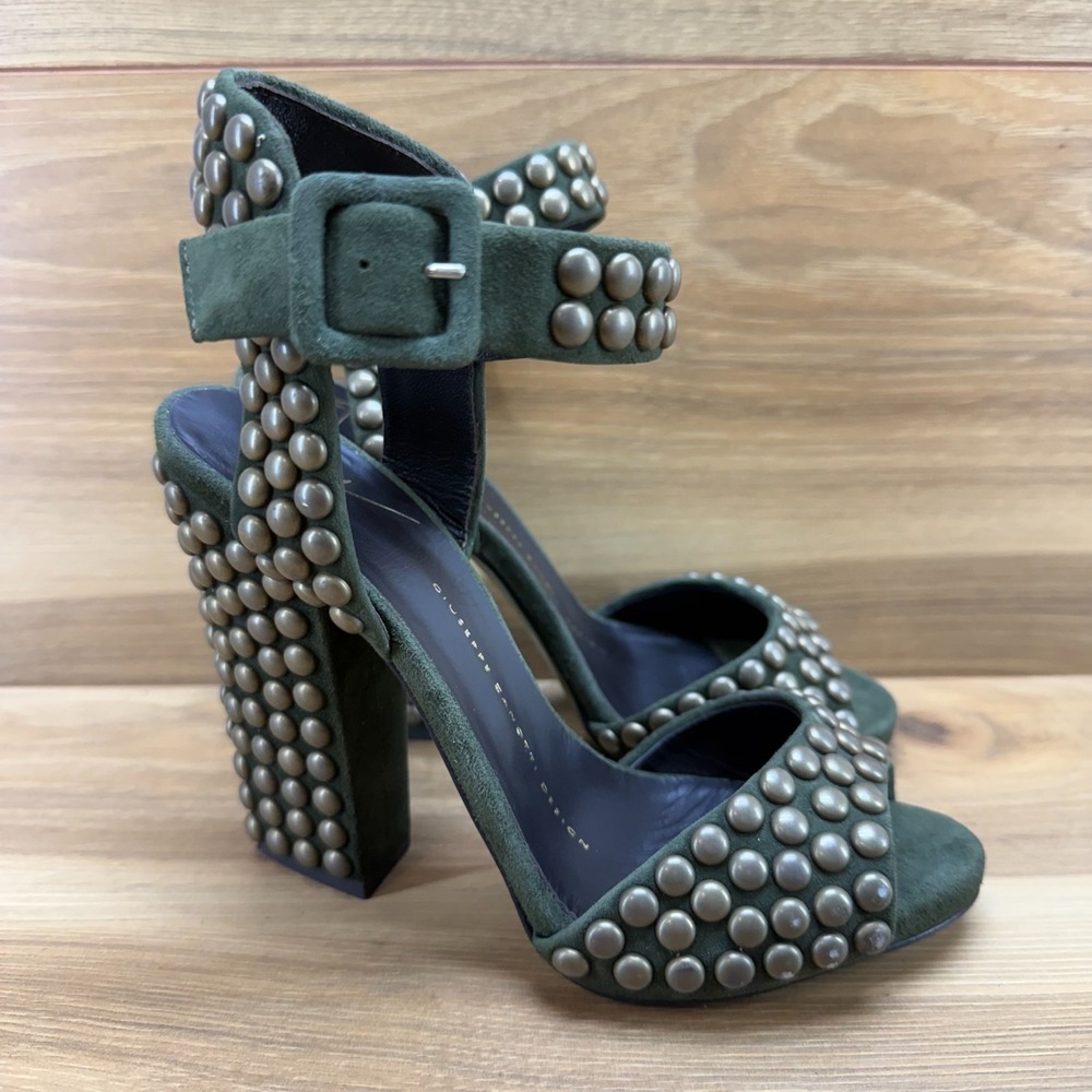 Giuseppe Zanotti Studded Heels Y2K 5 EU 35 Army Green Suede Boho Peep Toe Chic